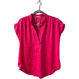 Vibrant Hot Pink Women's 1/2 Button Down Blouse Mine Business Casual Cap Sleeve